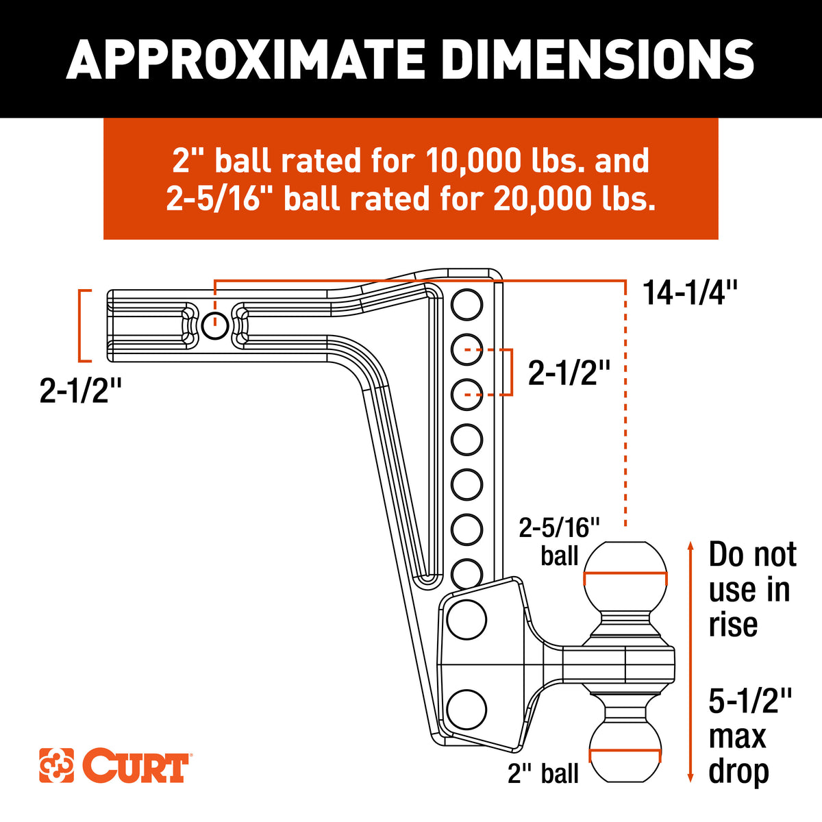 CURT 45939 HD Deep-Drop Adjustable Trailer Hitch Ball Mount with Dual Ball, 2-1/2" Shank, Up to 20,000 lbs