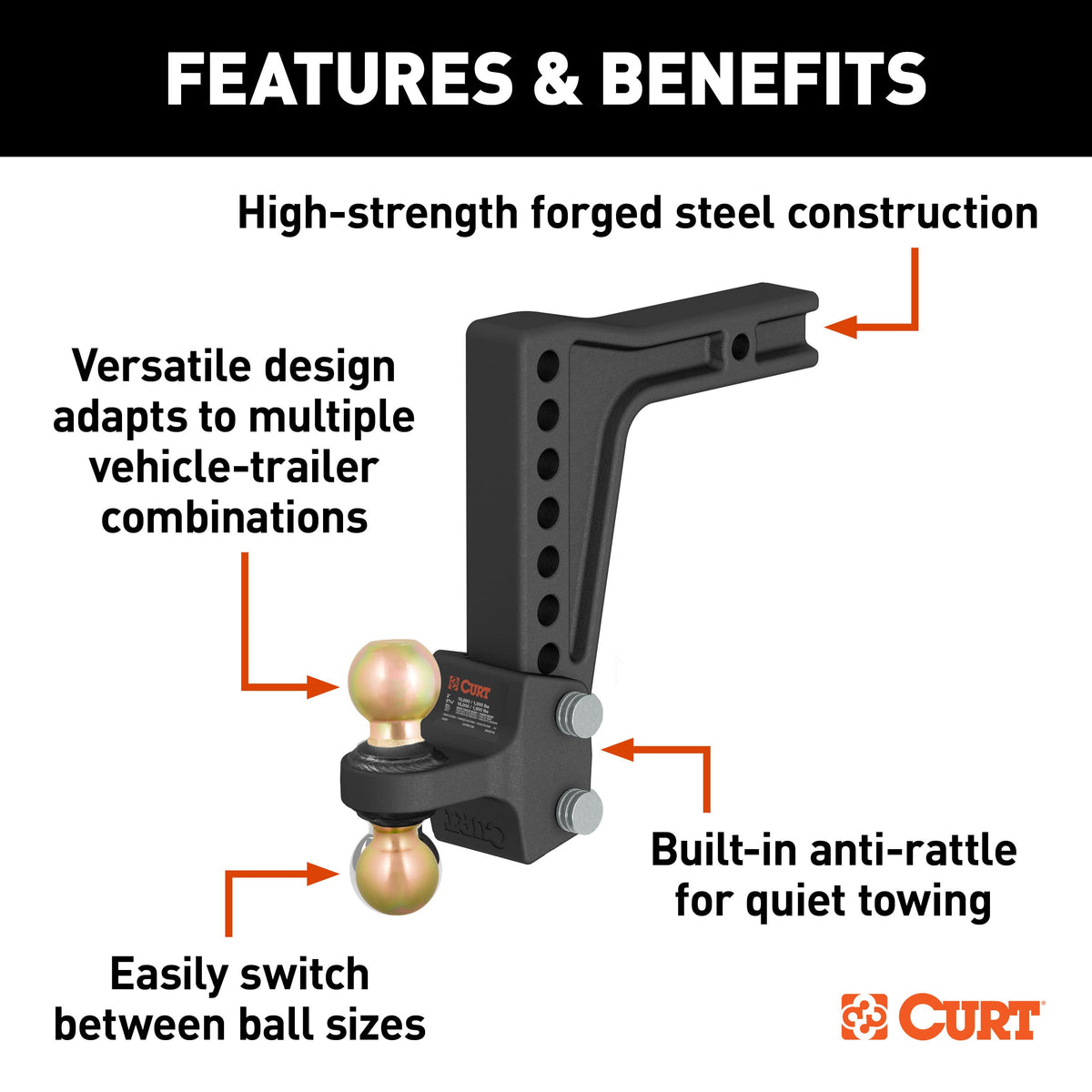 CURT 45939 HD Deep-Drop Adjustable Trailer Hitch Ball Mount with Dual Ball, 2-1/2" Shank, Up to 20,000 lbs