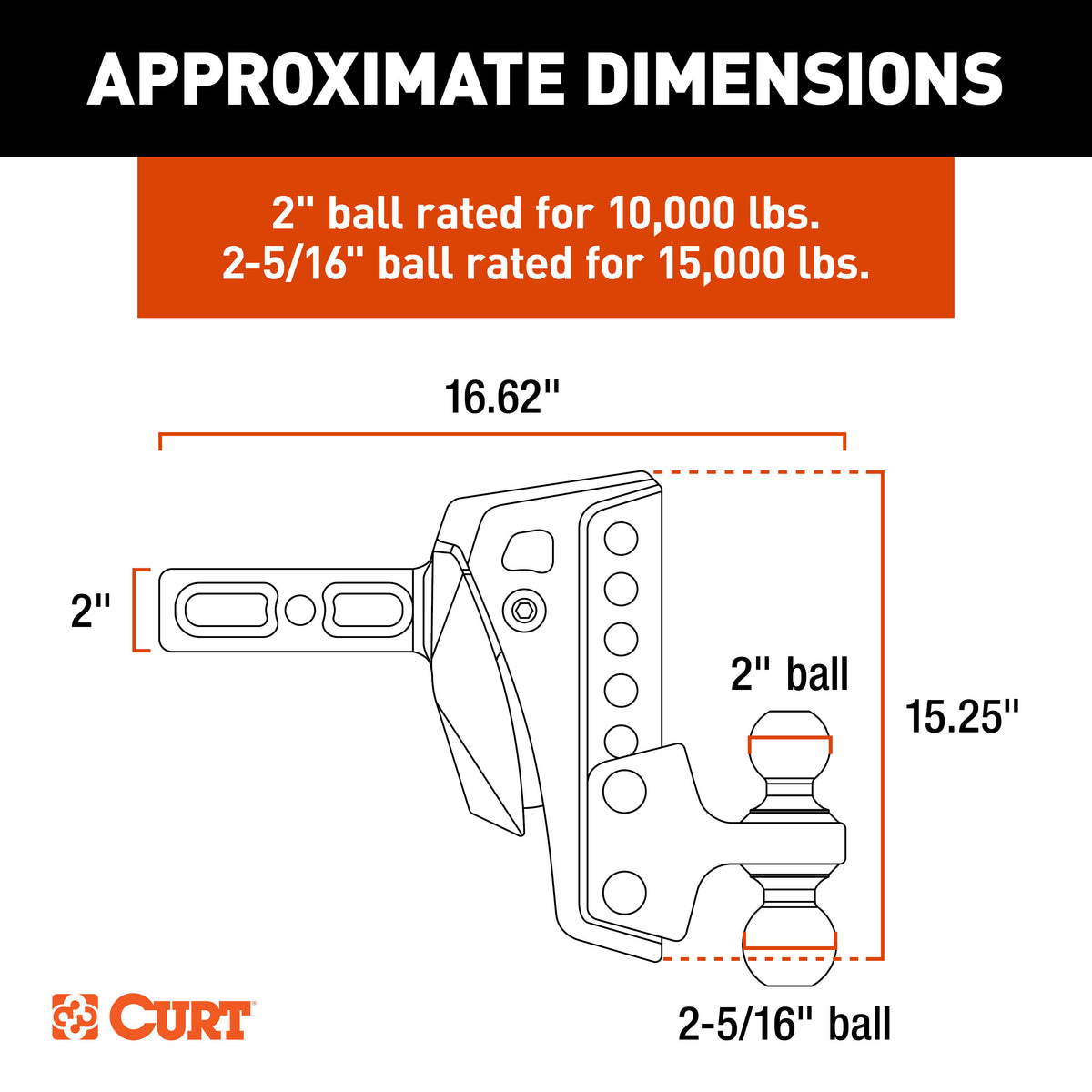 CURT 45951 Rebellion XD Adjustable Cushion Hitch Ball Mount, 2-Inch Receiver, 15,000 lbs., 6-Inch Drop