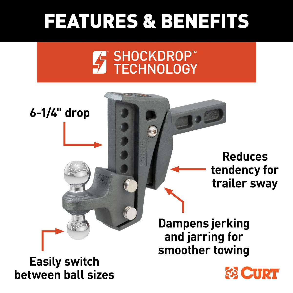 CURT 45951 Rebellion XD Adjustable Cushion Hitch Ball Mount, 2-Inch Receiver, 15,000 lbs., 6-Inch Drop