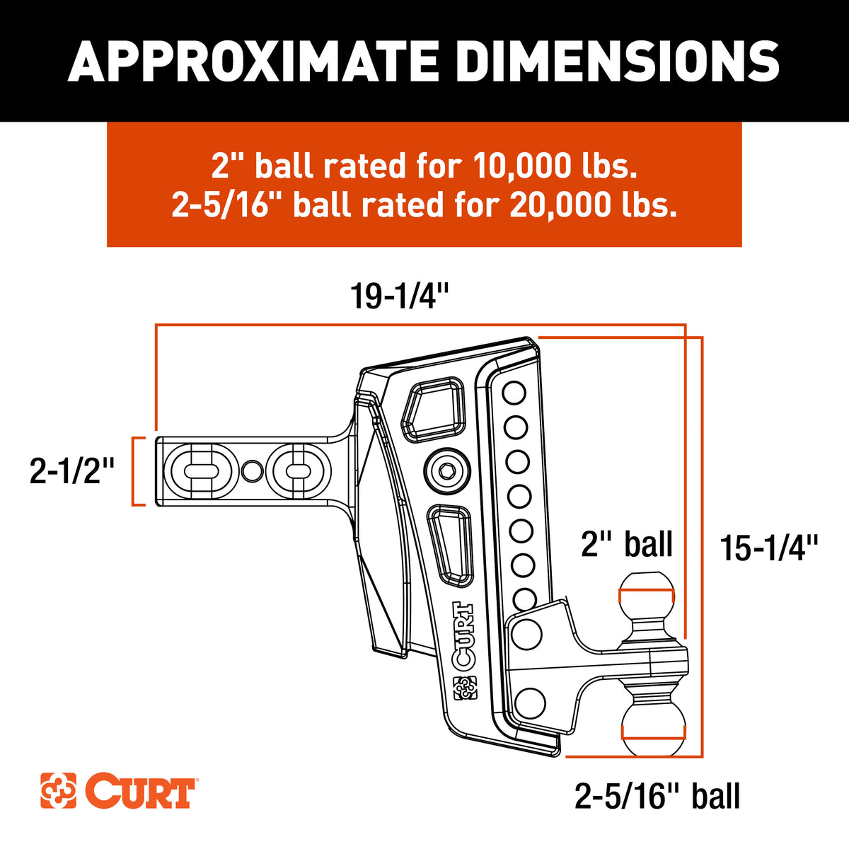 CURT 45955 Rebellion XD Adjustable Cushion Hitch with Dual Ball, 2-1/2-Inch Receiver, 2, 2-5/16-In Balls, 20,000 lbs, 8-In Drop