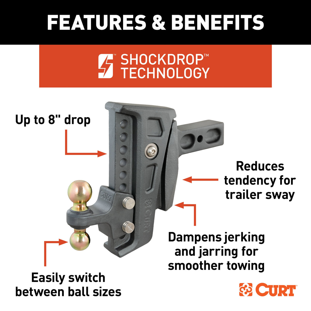 CURT 45955 Rebellion XD Adjustable Cushion Hitch with Dual Ball, 2-1/2-Inch Receiver, 2, 2-5/16-In Balls, 20,000 lbs, 8-In Drop