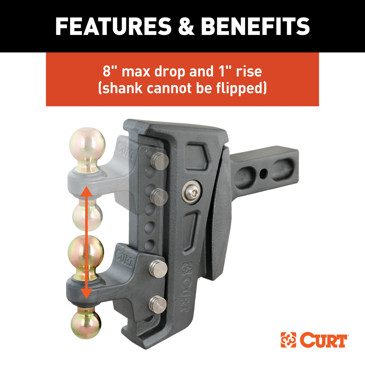 CURT 45955 Rebellion XD Adjustable Cushion Hitch with Dual Ball, 2-1/2-Inch Receiver, 2, 2-5/16-In Balls, 20,000 lbs, 8-In Drop