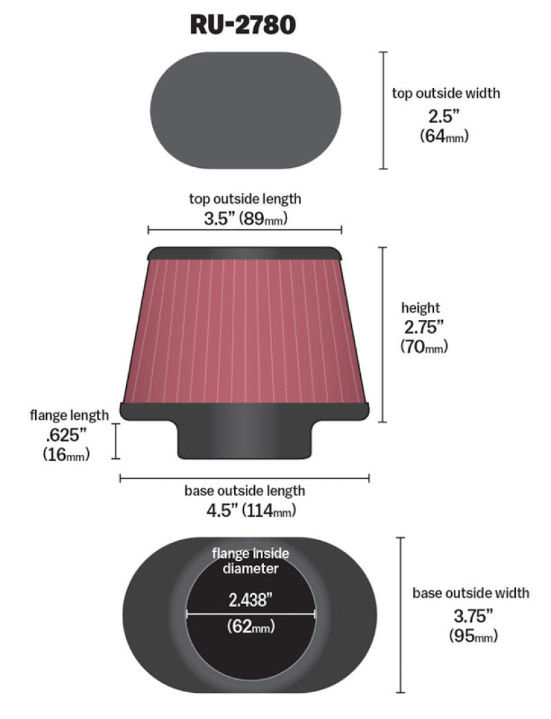 K&amp;N Filter Universal Rubber Filter 2 7/16 inch Flange 4.5x3.75 inch Base 3.5x2.5 inch Top 2.75 inch - RU-2780