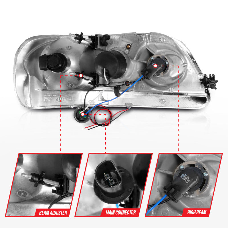 ANZO 1997-2003 Ford F-150 Projector Headlights w/ Light Bar Black Housing - 111503