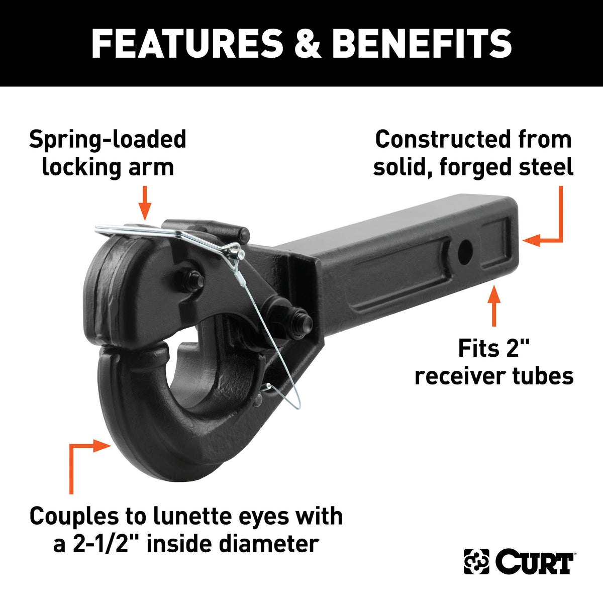 CURT 48004 Pintle Hook Hitch for 2-Inch Receiver, 20,000 lbs, Fits 2-1/2-Inch Lunette Ring