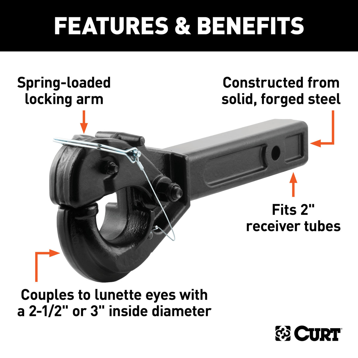 CURT 48005 Pintle Hook Hitch for 2-Inch Receiver, 10,000 lbs, Fits 2-1/2-Inch Lunette Ring