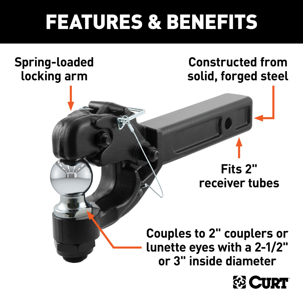 CURT 48007 Pintle Hitch with 2-Inch Trailer Ball, Fits 2-Inch Receiver, 16,000 lbs, 15-1/4-Inch Length