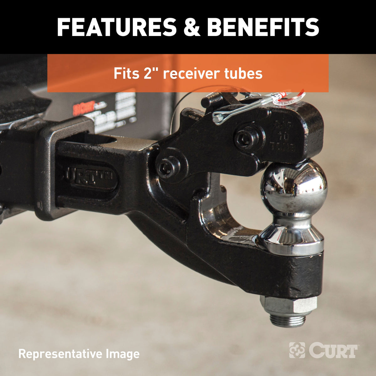CURT 48007 Pintle Hitch with 2-Inch Trailer Ball, Fits 2-Inch Receiver, 16,000 lbs, 15-1/4-Inch Length