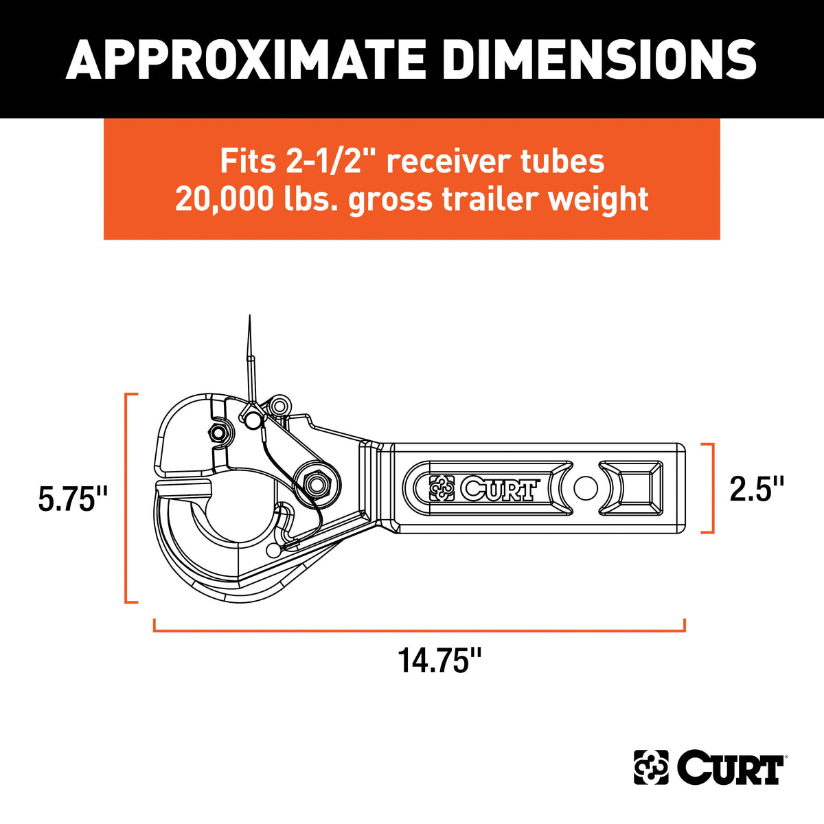 CURT 48010 Pintle Hook Hitch for 2-1/2-Inch Receiver, 20,000 lbs, Fits 2-1/2-In Lunette Ring