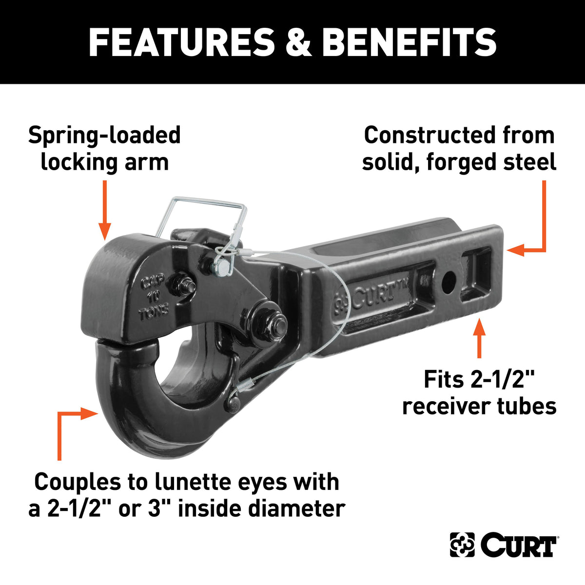 CURT 48010 Pintle Hook Hitch for 2-1/2-Inch Receiver, 20,000 lbs, Fits 2-1/2-In Lunette Ring