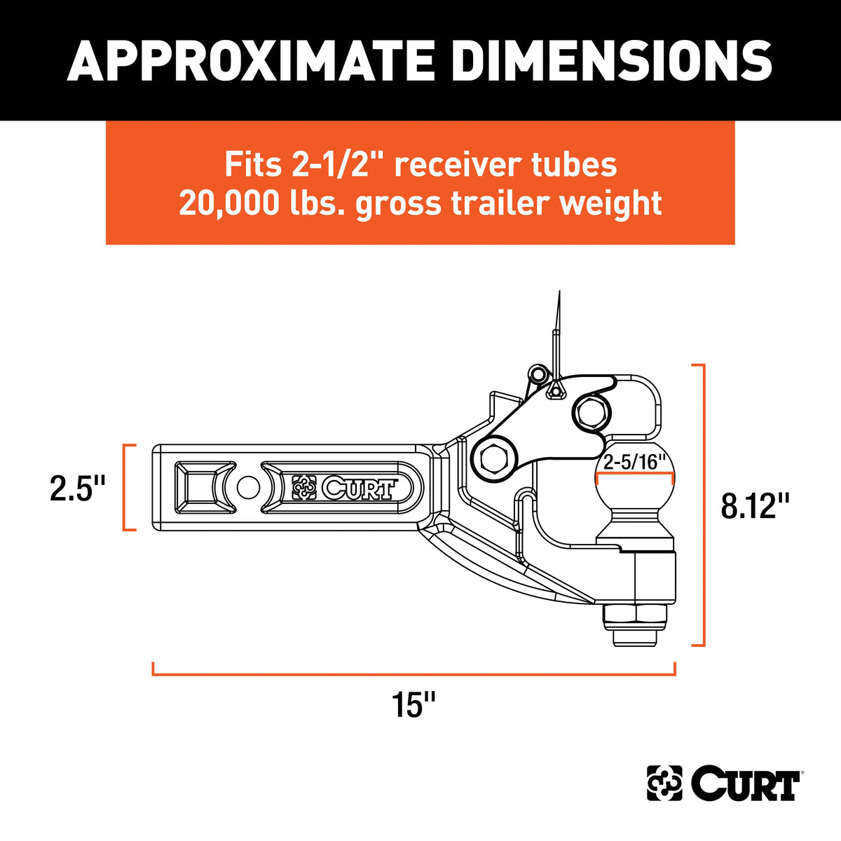 CURT 48012 Pintle Hitch with 2-5/16-Inch Trailer Ball, Fits 2-1/2-Inch Receiver, 20,000 lbs, 15-Inch Length