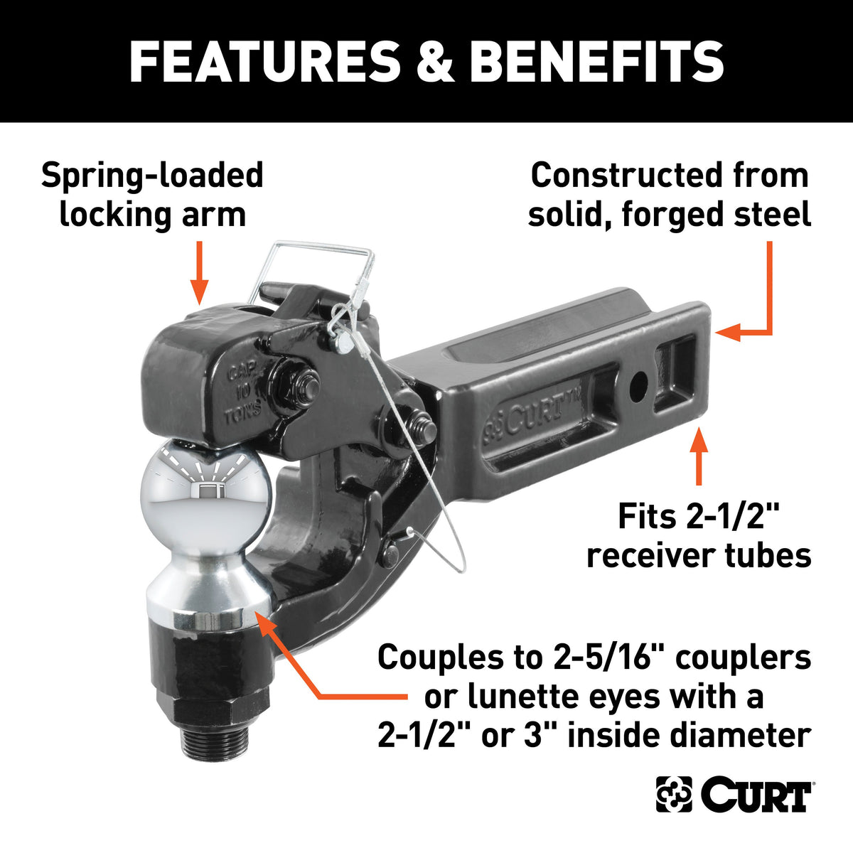 CURT 48012 Pintle Hitch with 2-5/16-Inch Trailer Ball, Fits 2-1/2-Inch Receiver, 20,000 lbs, 15-Inch Length