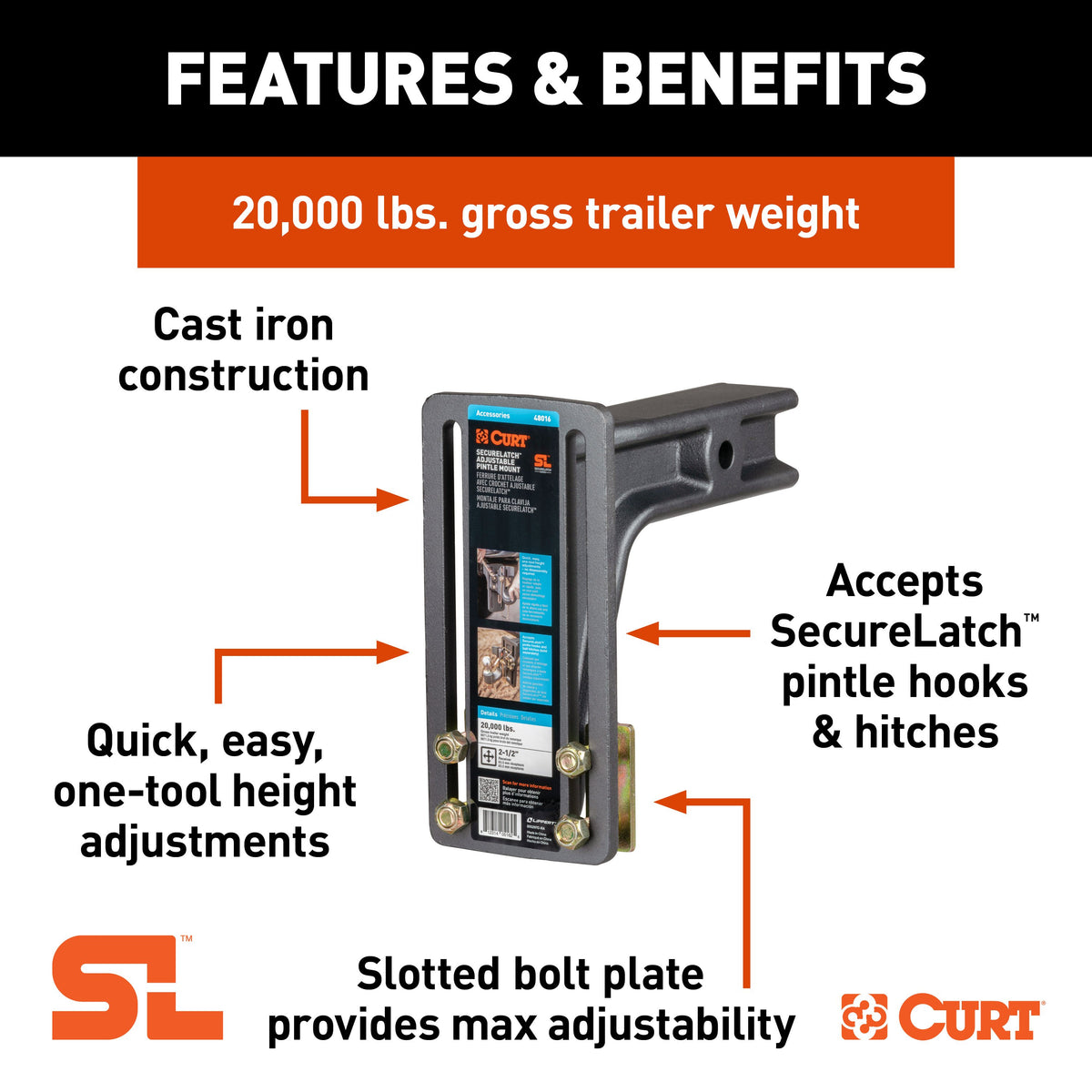 CURT 48016 SecureLatch Adjustable Pintle Mount Plate, 2-1/2-Inch Shank, 20,000 Pounds