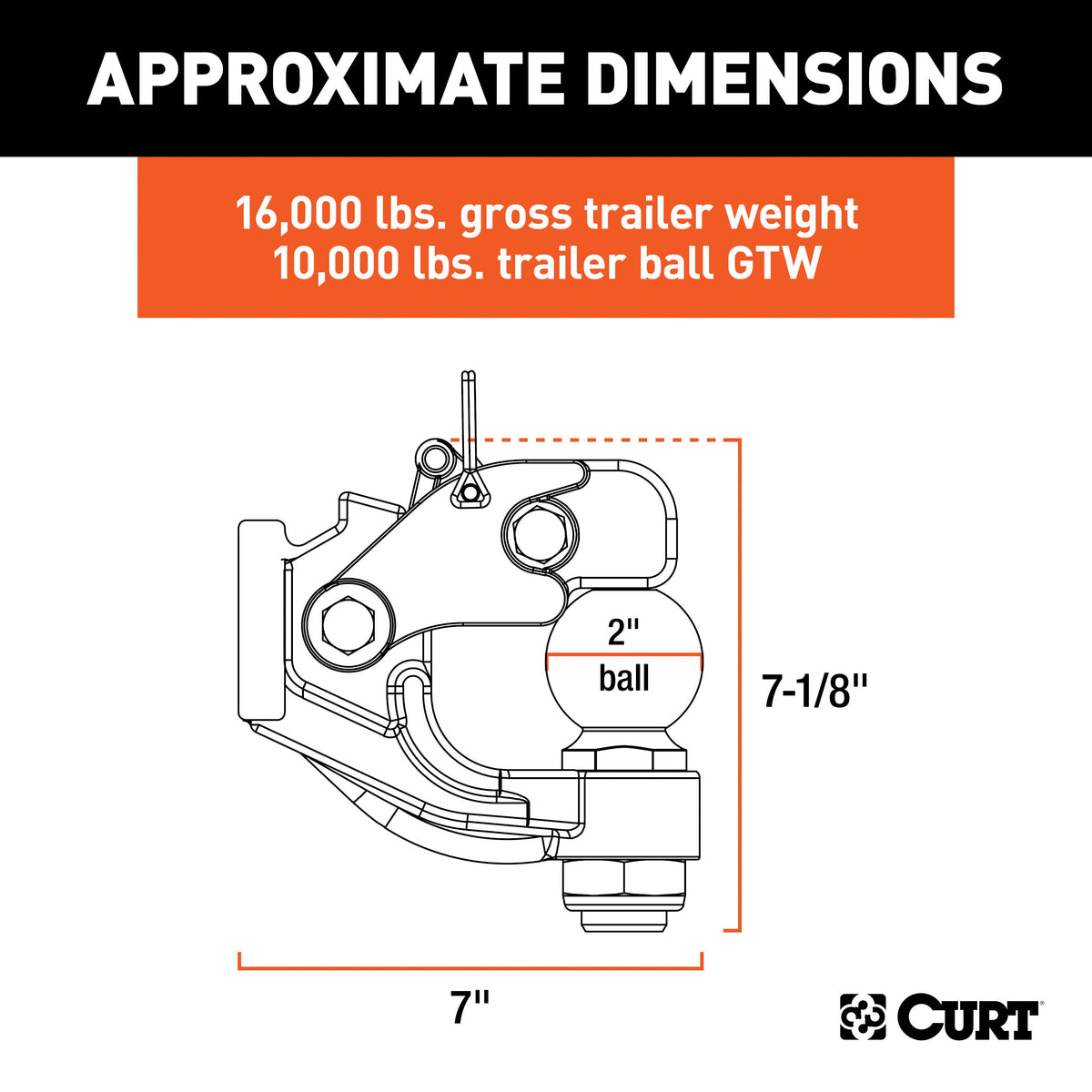 CURT 48190 Pintle Hitch with 2-Inch Trailer Ball, 16,000 lbs, Mount Required