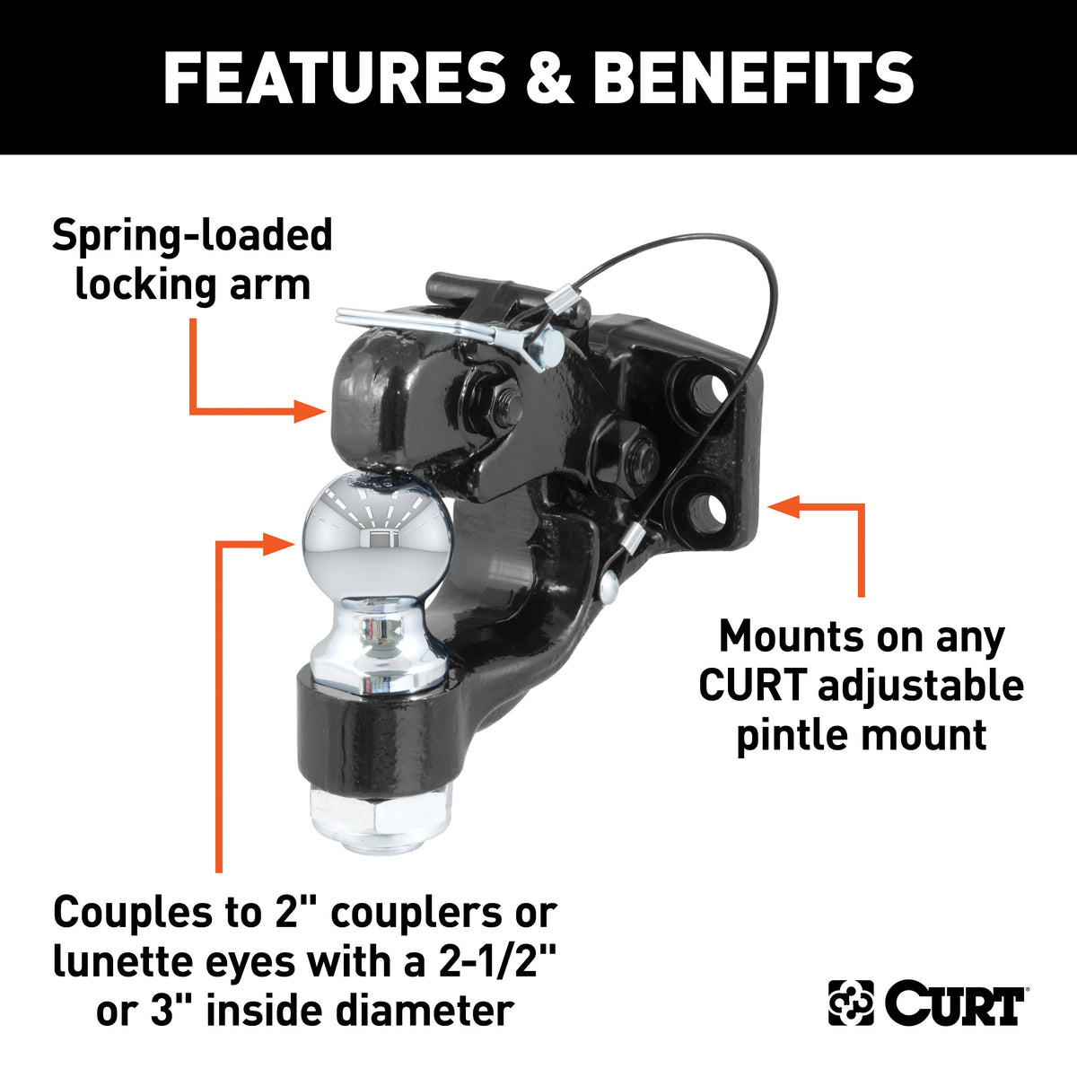 CURT 48190 Pintle Hitch with 2-Inch Trailer Ball, 16,000 lbs, Mount Required