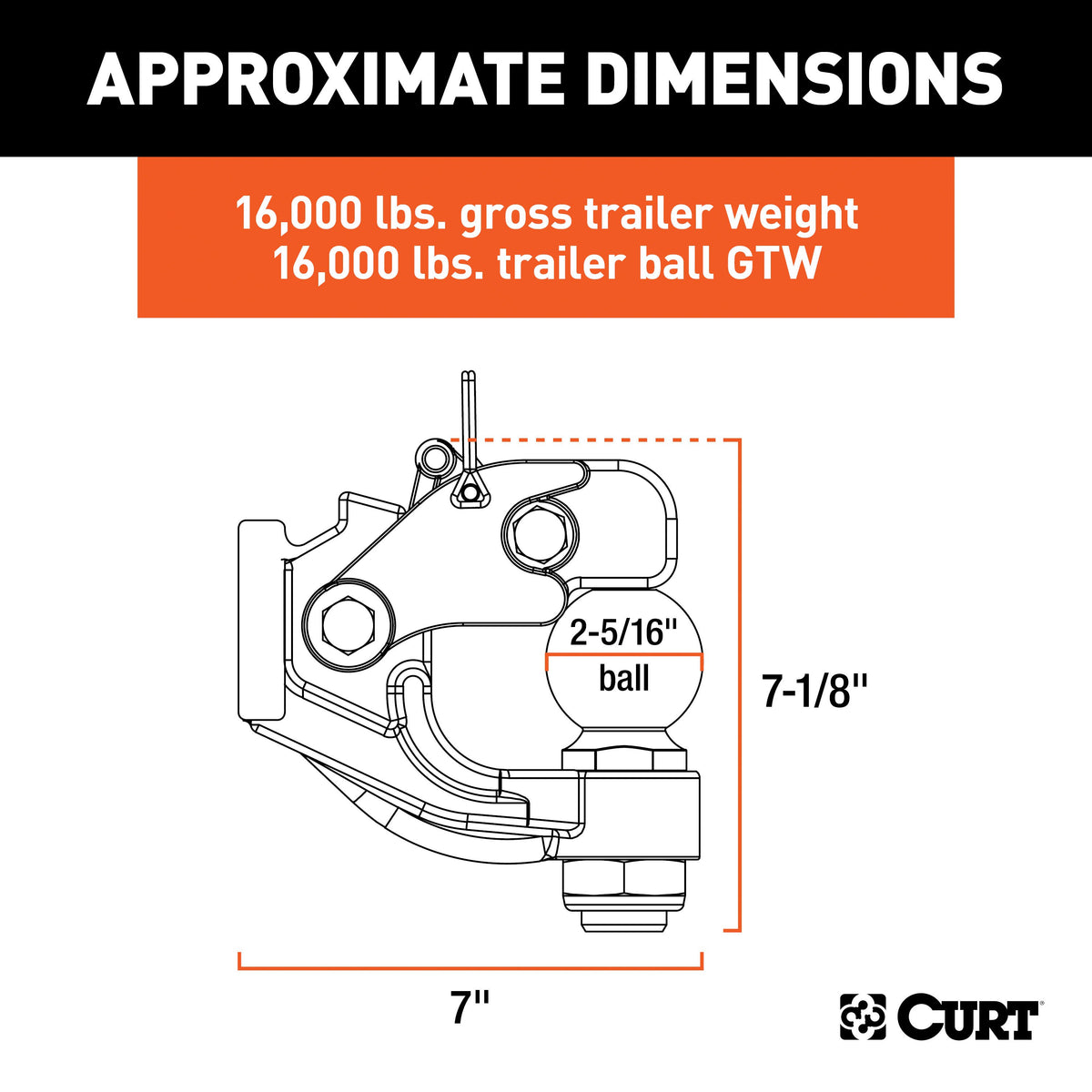 CURT 48200 Pintle Hitch with 2-5/16-Inch Trailer Ball, 16,000 lbs, Mount Required