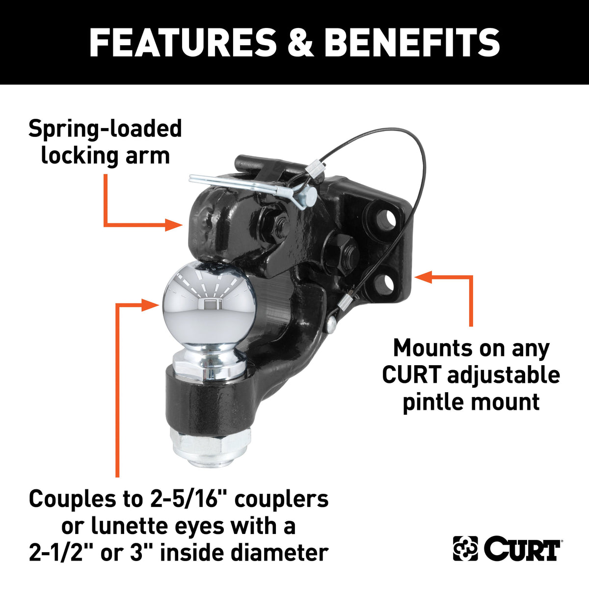 CURT 48200 Pintle Hitch with 2-5/16-Inch Trailer Ball, 16,000 lbs, Mount Required