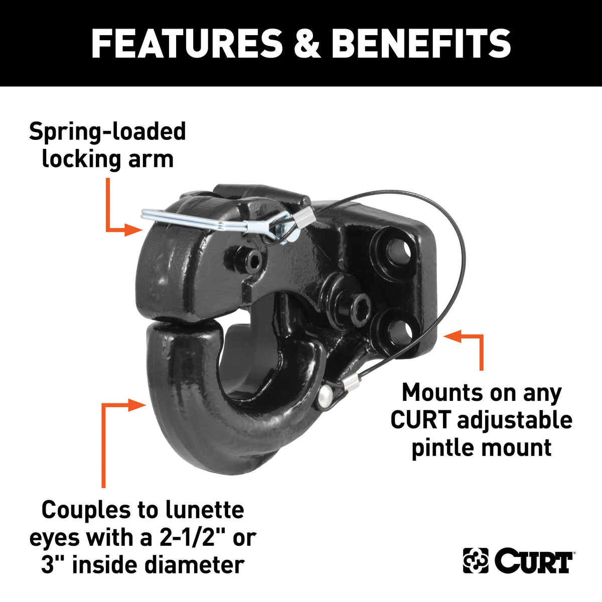 CURT 48210 Pintle Hook Hitch 20,000 lbs, Fits 2-1/2 to 3-Inch Lunette Ring, Mount Required