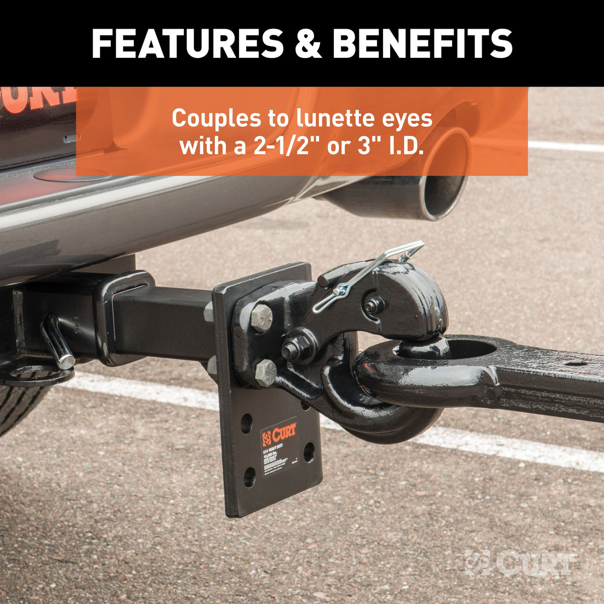 CURT 48210 Pintle Hook Hitch 20,000 lbs, Fits 2-1/2 to 3-Inch Lunette Ring, Mount Required
