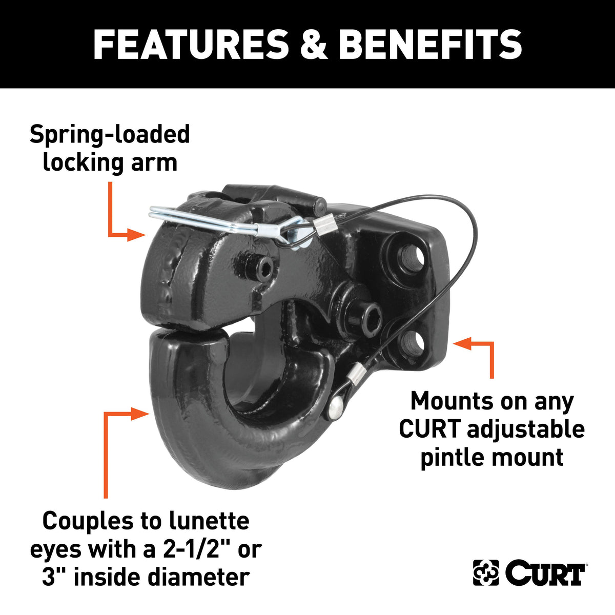 CURT 48215 Pintle Hook Hitch 30,000 lbs, Fits 2-1/2 to 3-Inch Lunette Ring, Mount Required