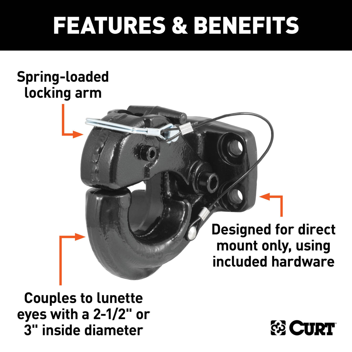 CURT 48231 Pintle Hook Hitch 60,000 lbs, Fits 2-1/2 to 3-Inch Lunette Ring, Direct Mount Only