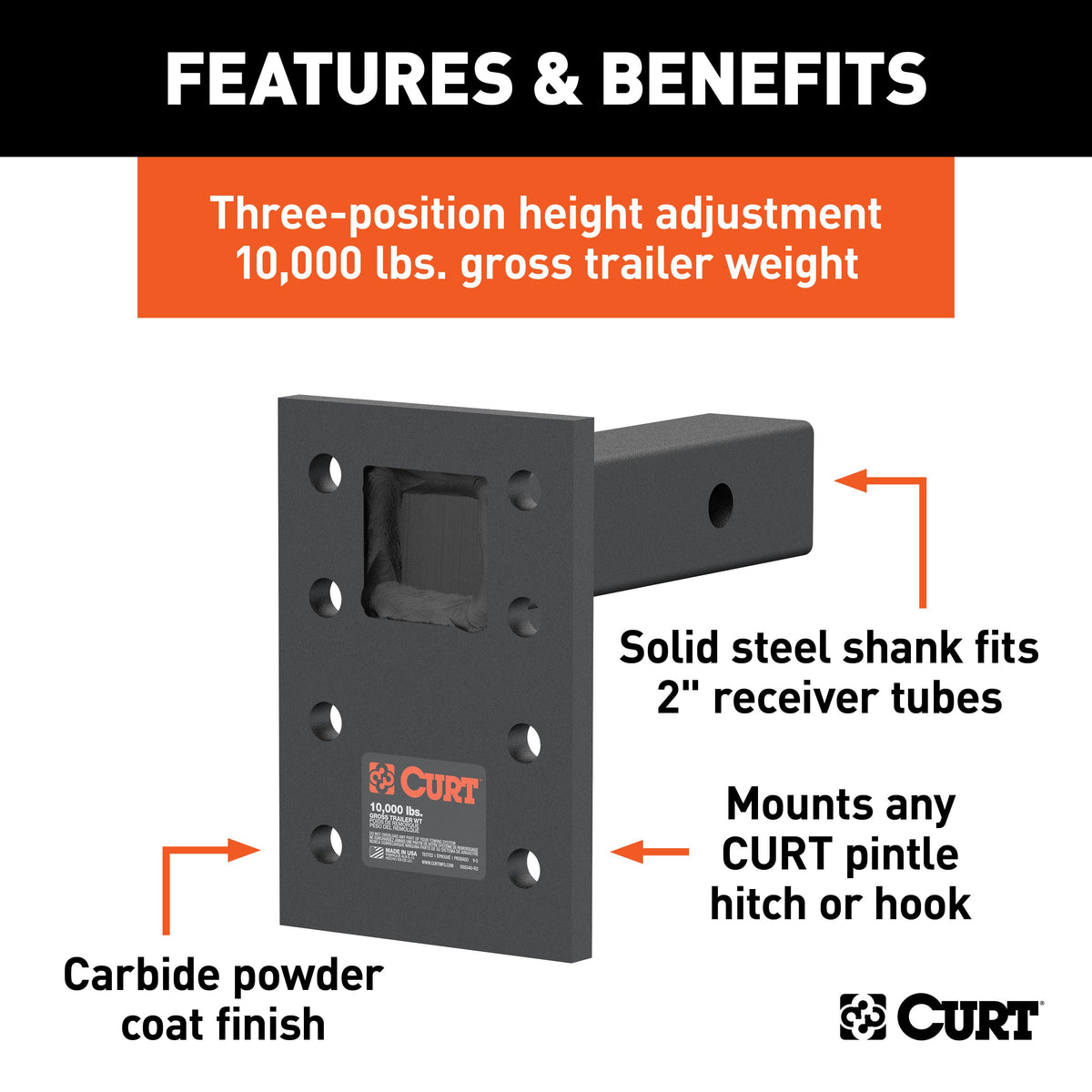CURT 48323 Adjustable Pintle Mount for 2-Inch Hitch Receiver, 10,000 lbs, 6-1/2-Inch Drop, 6-Inch Length