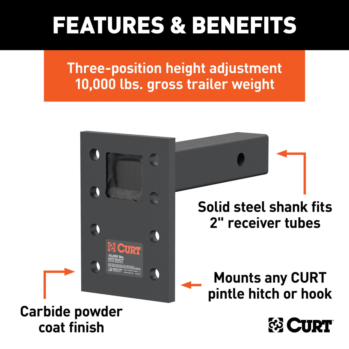 CURT 48324 Adjustable Pintle Mount for 2-Inch Hitch Receiver, 10,000 lbs, 6-1/2-Inch Drop, 8-Inch Length