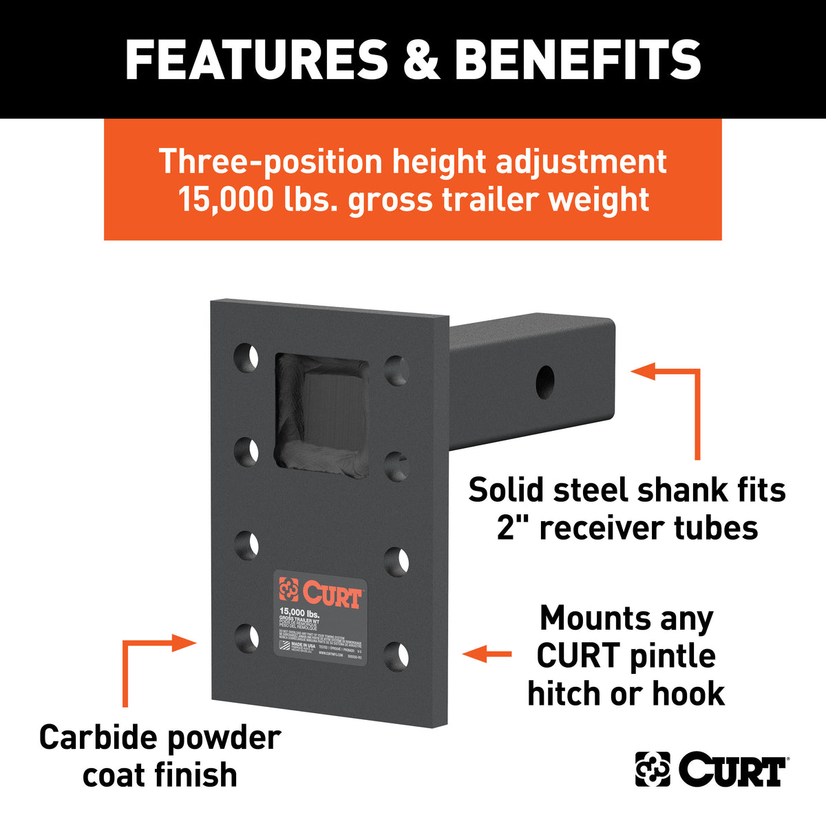 CURT 48328 Adjustable Pintle Mount for 2-Inch Hitch Receiver, 15,000 lbs, 6-1/2-Inch Drop, 6-Inch Length