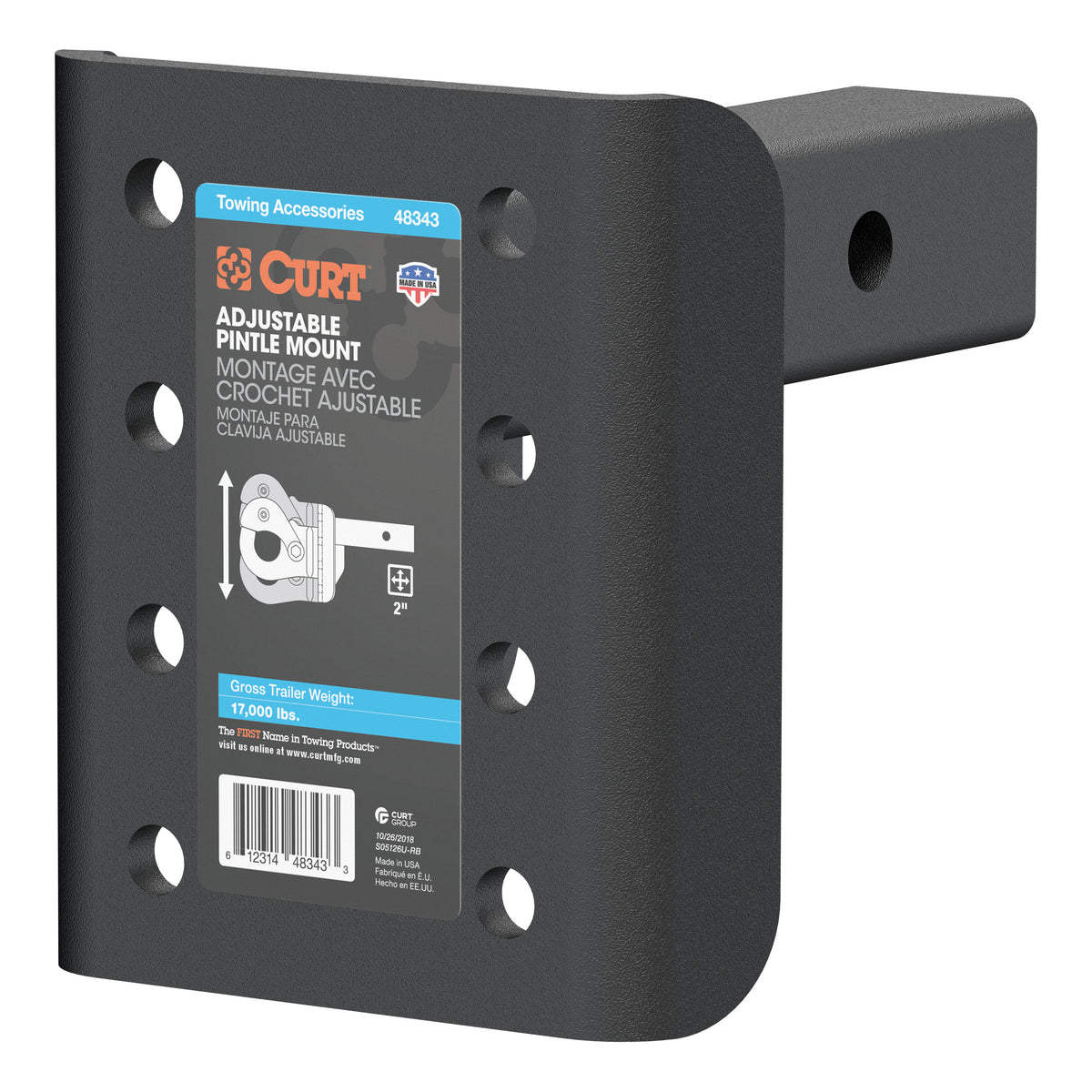 CURT 48343 Adjustable Pintle Mount for 2-Inch Hitch Receiver, 17,000 lbs, 7-1/4-Inch Height, 6-Inch Length