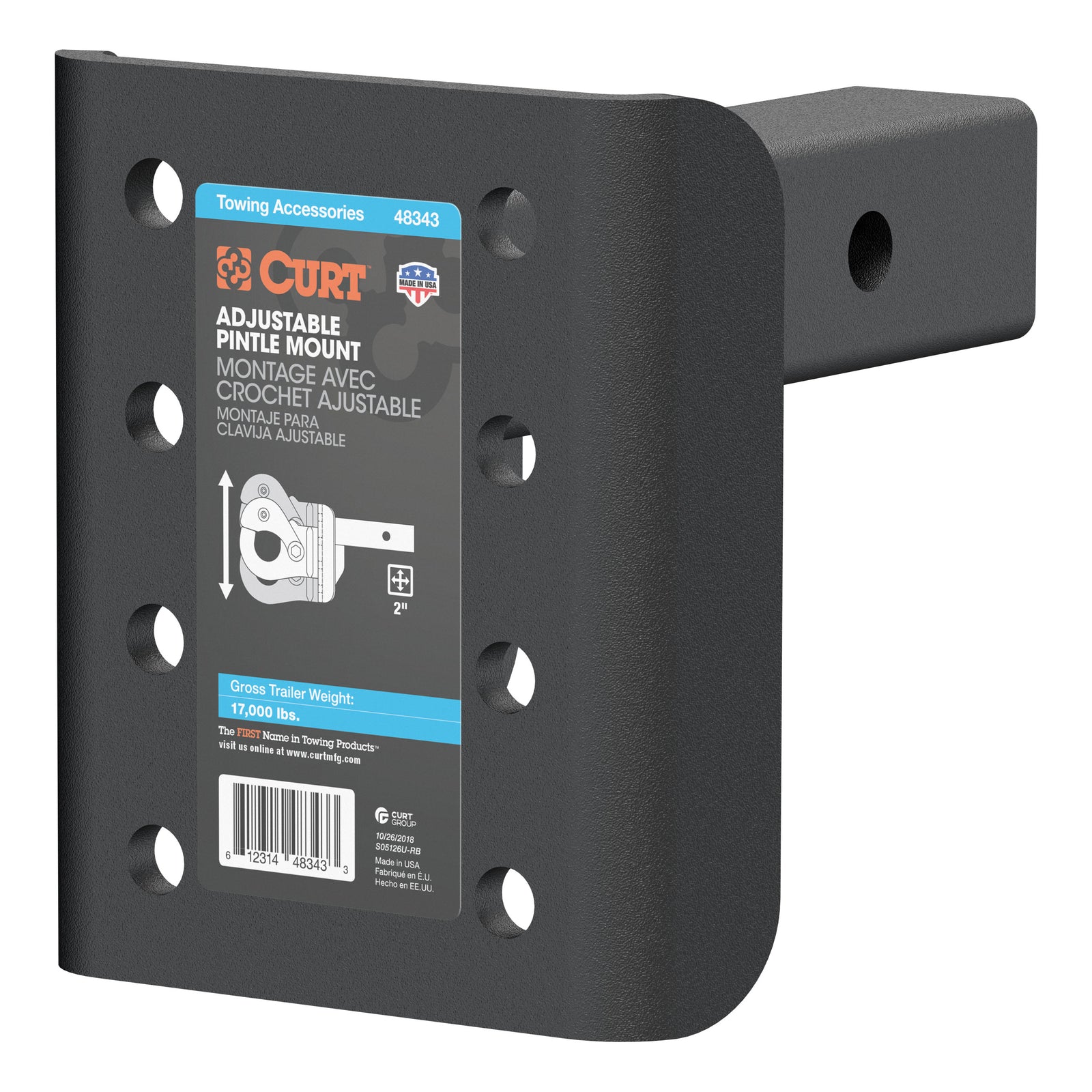 CURT 48343 Adjustable Pintle Mount for 2-Inch Hitch Receiver, 17,000 lbs, 7-1/4-Inch Height, 6-Inch Length