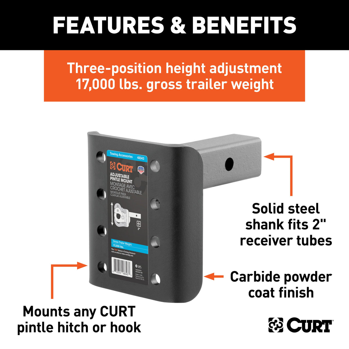 CURT 48343 Adjustable Pintle Mount for 2-Inch Hitch Receiver, 17,000 lbs, 7-1/4-Inch Height, 6-Inch Length