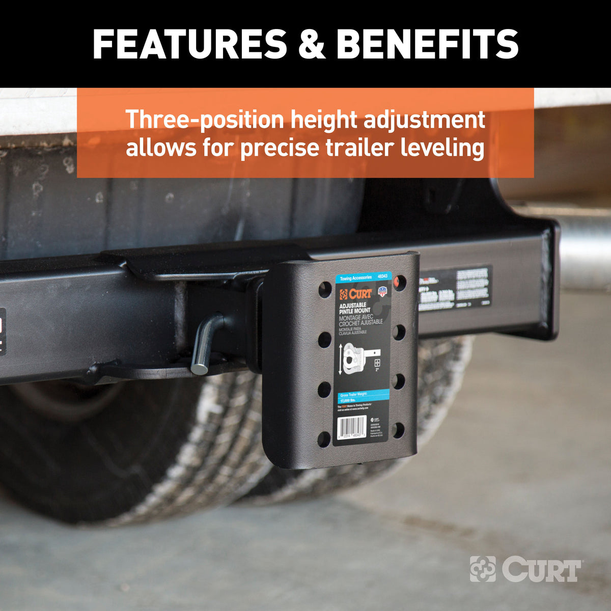 CURT 48343 Adjustable Pintle Mount for 2-Inch Hitch Receiver, 17,000 lbs, 7-1/4-Inch Height, 6-Inch Length