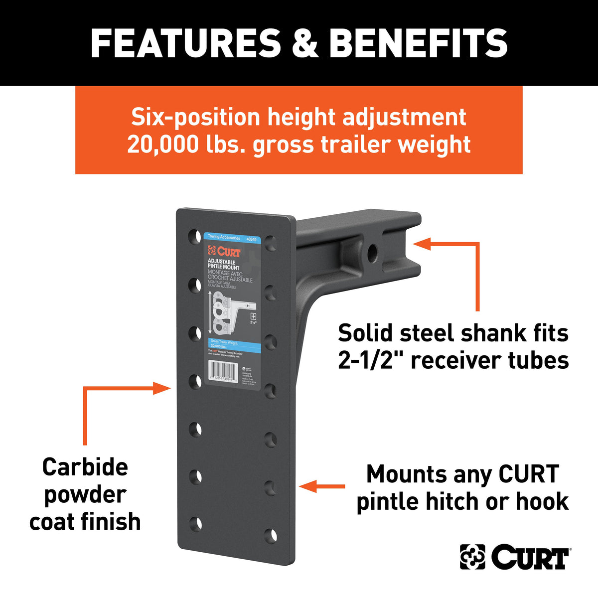 CURT 48349 Adjustable Pintle Mount for 2-1/2-Inch Hitch Receiver, 20,000 lbs, 12-1/2-Inch Height, 10-3/4-Inch Length