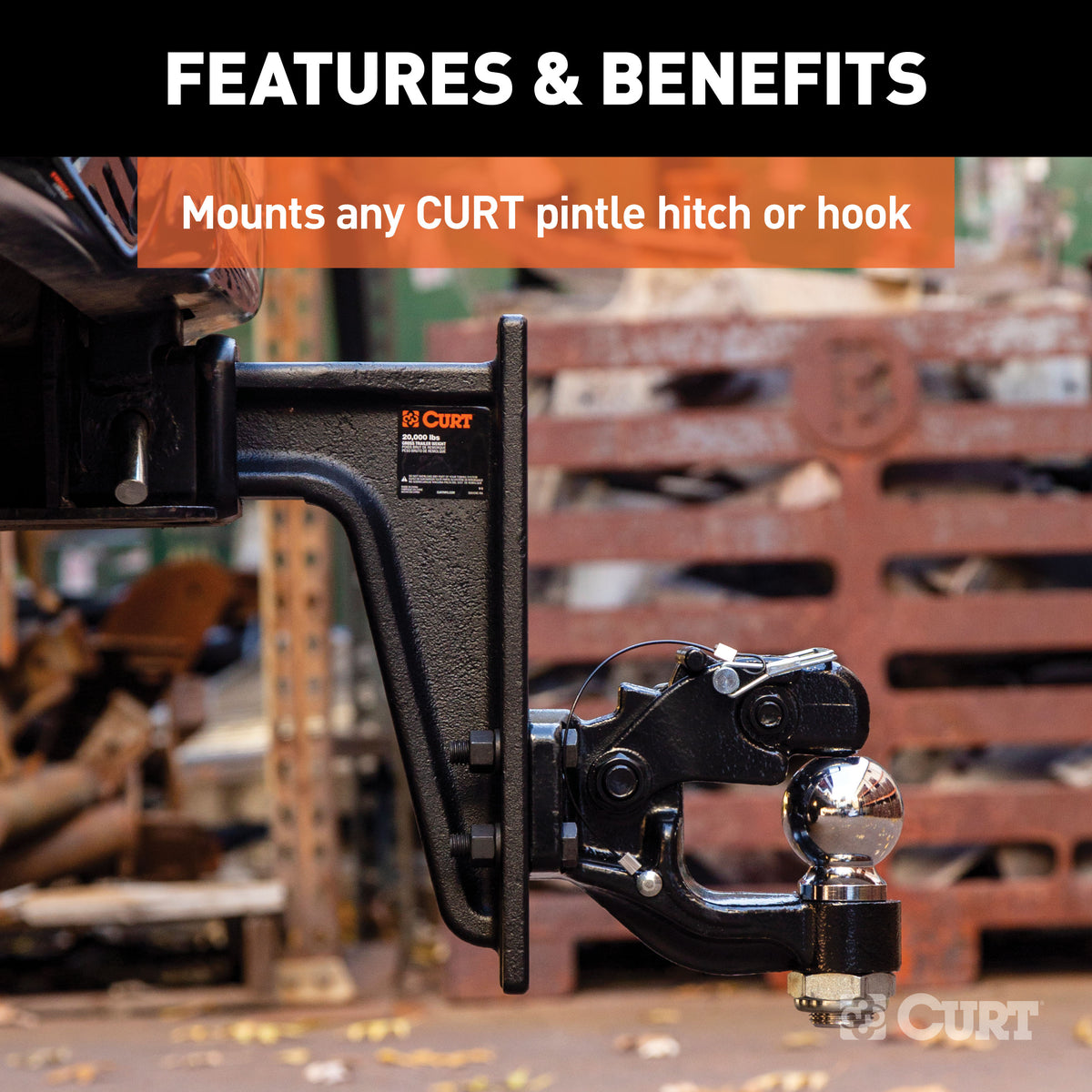 CURT 48349 Adjustable Pintle Mount for 2-1/2-Inch Hitch Receiver, 20,000 lbs, 12-1/2-Inch Height, 10-3/4-Inch Length