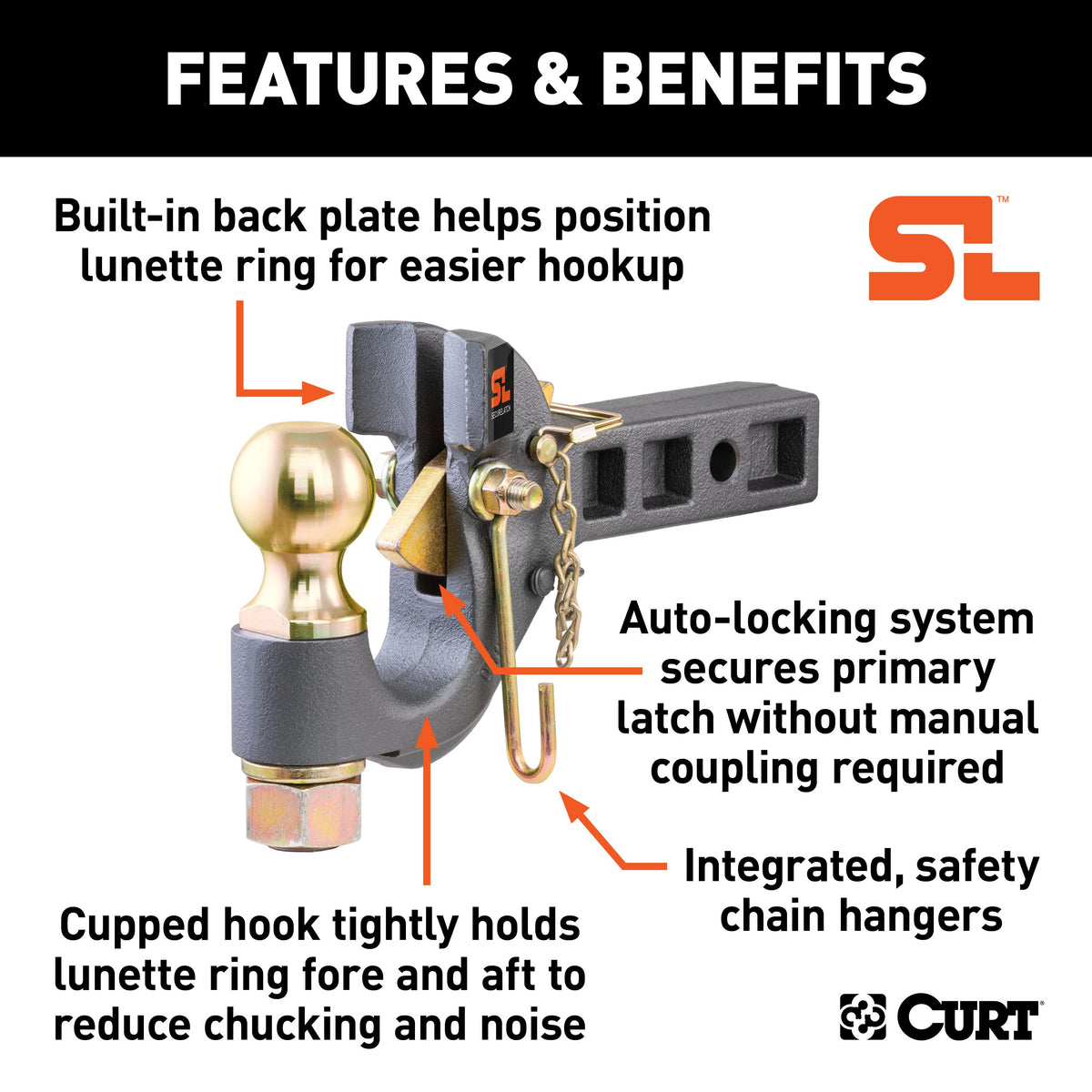 CURT 48406 SecureLatch Receiver-Mount 2-5/16-Inch Ball and Pintle Hitch Combination, 2-In Shank, 14,000 Pounds