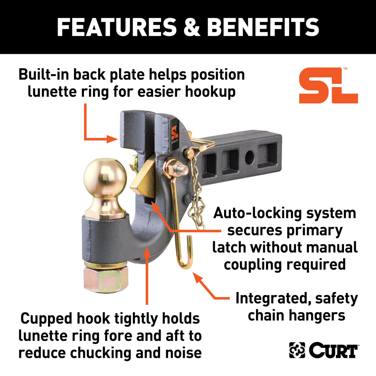 CURT 48407 SecureLatch Receiver-Mount 2-Inch Ball and Pintle Hitch Combination, 2-In Shank, 14,000 Pounds