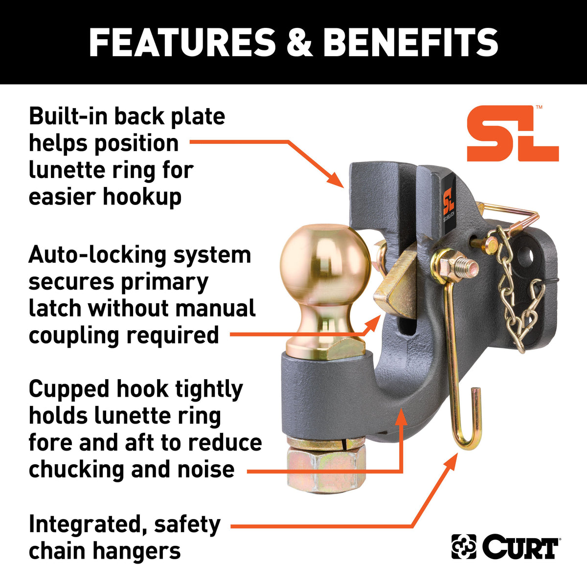 CURT 48410 SecureLatch 2-5/16-Inch Ball and Pintle Hitch Hook Combination, 20,000 Pounds, Mount Required