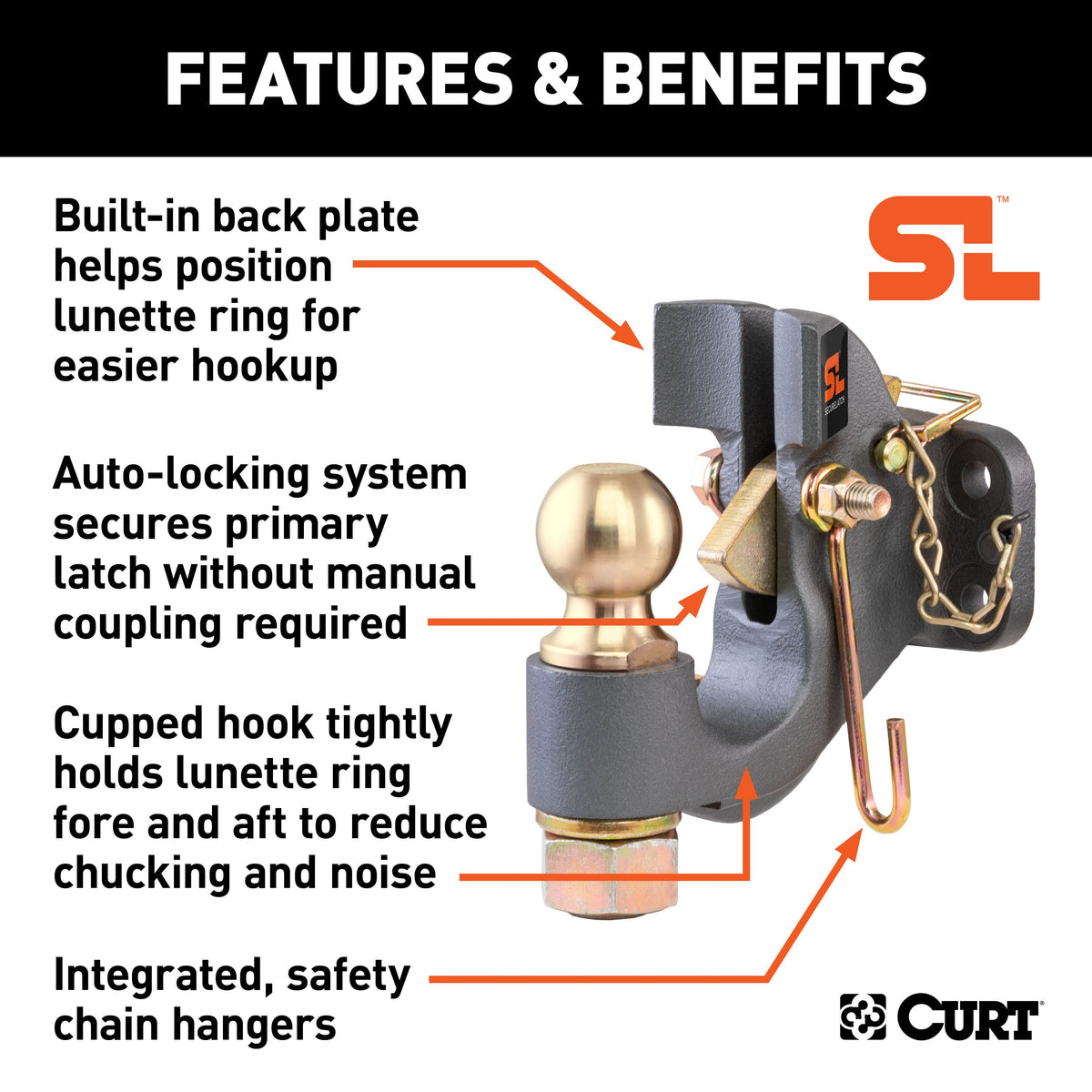 CURT 48411 SecureLatch 2-Inch Ball and Pintle Hitch Hook Combination, 20,000 Pounds, Mount Required