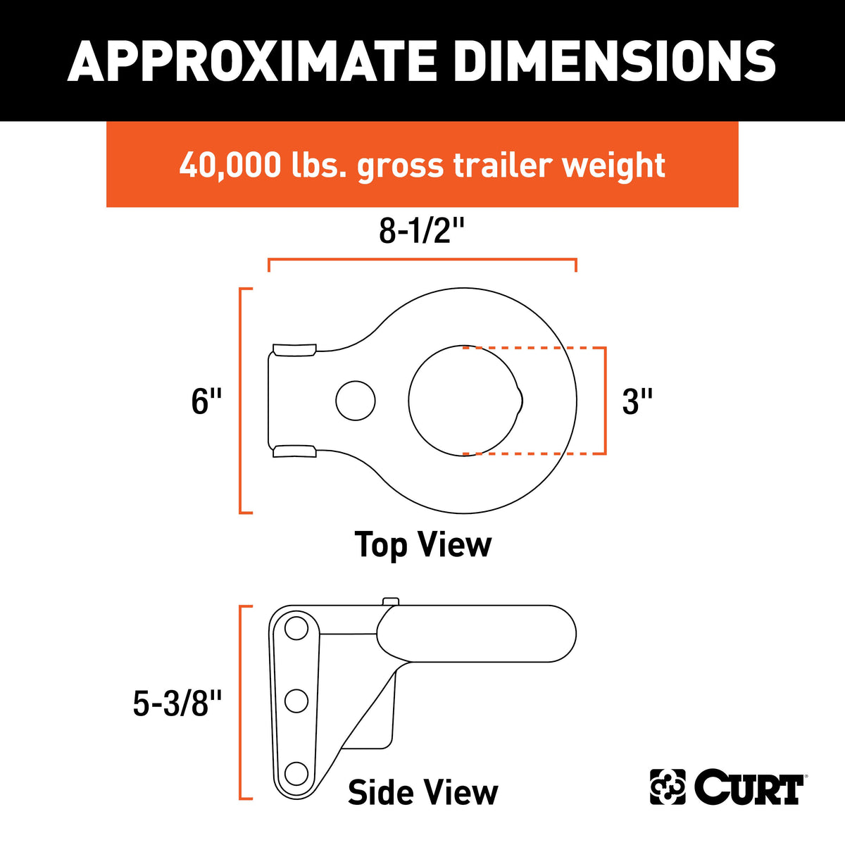 CURT 48626 SecureLatch Channel-Style Lunette Ring, 40,000 Pounds, 3-Inch ID