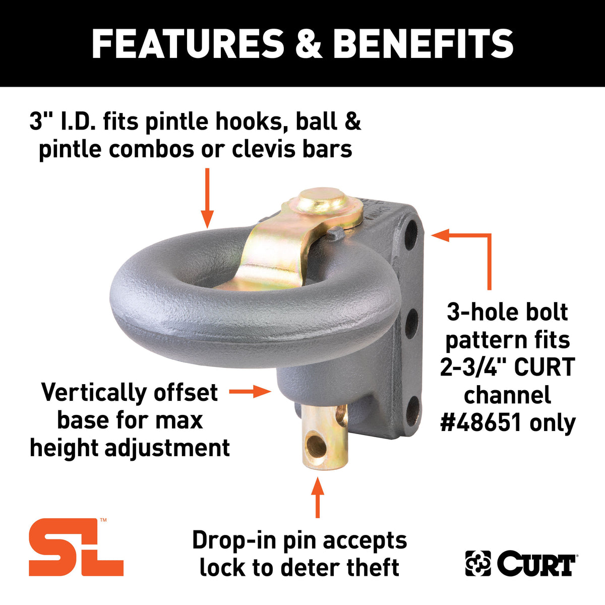 CURT 48626 SecureLatch Channel-Style Lunette Ring, 40,000 Pounds, 3-Inch ID