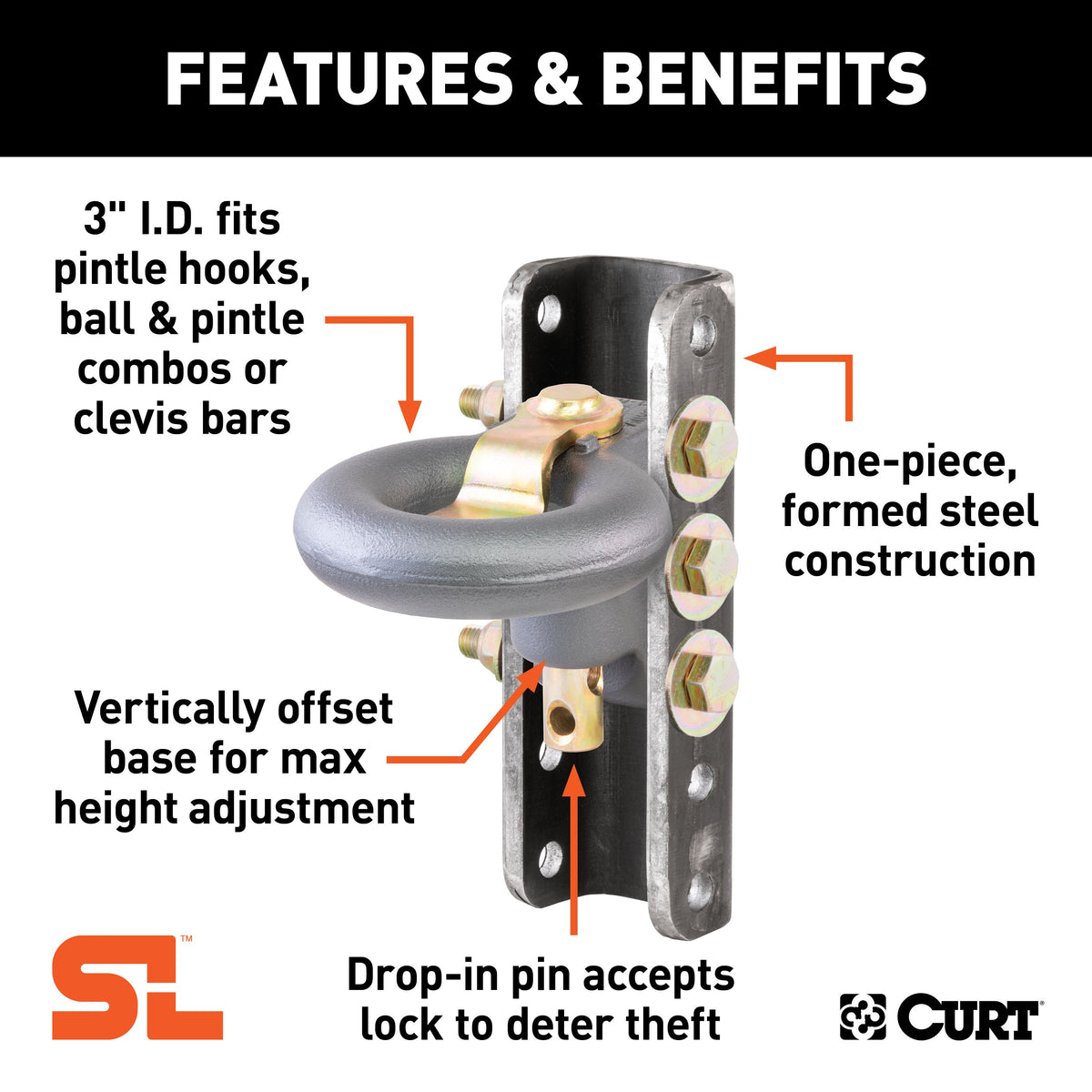 CURT 48641 SecureLatch Adjustable Lunette Ring with 11-3/4-Inch Channel 40,000 Pounds, 3-Inch ID