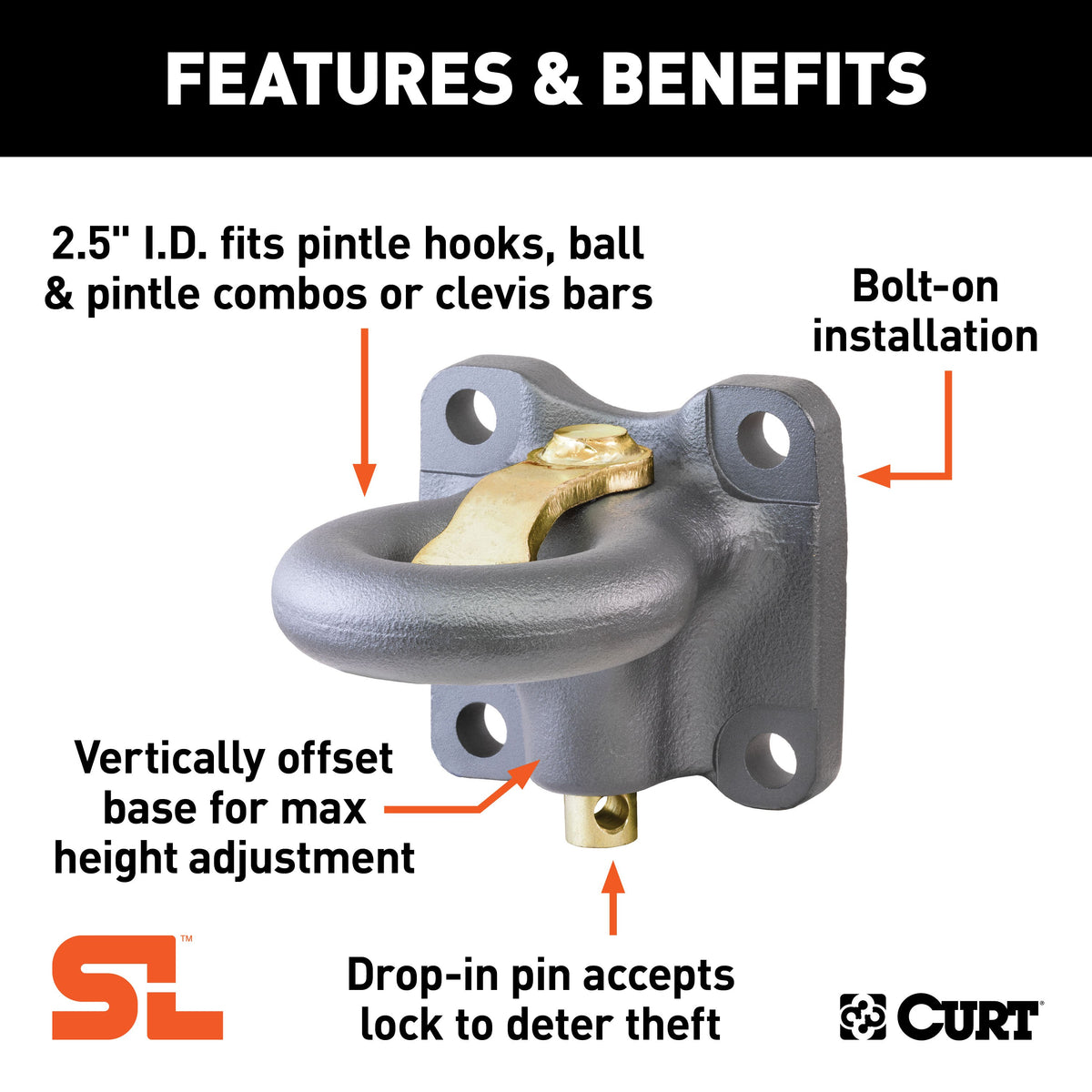 CURT 48661 SecureLatch Flush-Mount Lunette Ring, 60,000 lbs, 2-1/2-Inch ID