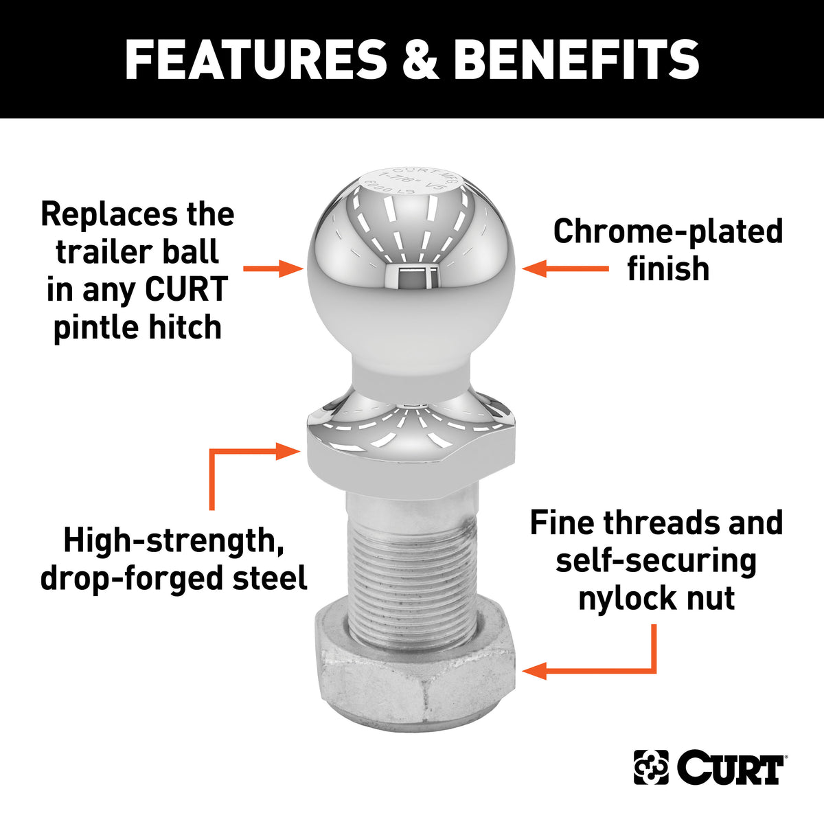 CURT 48810 Replacement 1-7/8-Inch Pintle Hitch Ball, 6,000 lbs, 1-1/4-Inch Shank Diameter