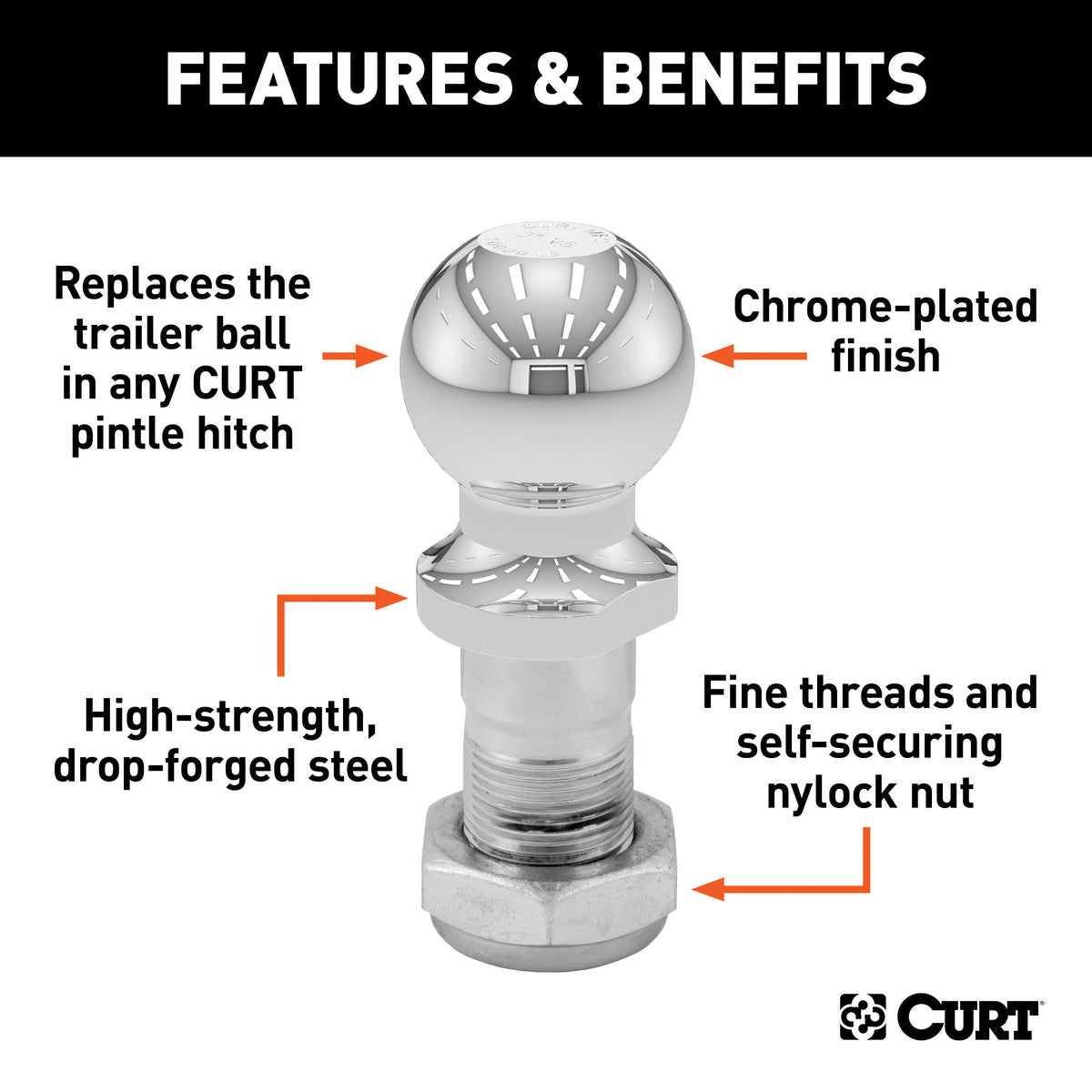 CURT 48820 Replacement 2-Inch Pintle Hitch Ball, 10,000 lbs, 1-1/4-Inch Shank Diameter