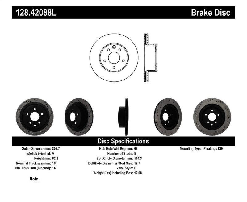 StopTech 08-09 Infiniti EX35 / 05-08 G35 / 09 G37 / 06-09 M35/M45 Drilled Left Rear Rotor - 128.42088L