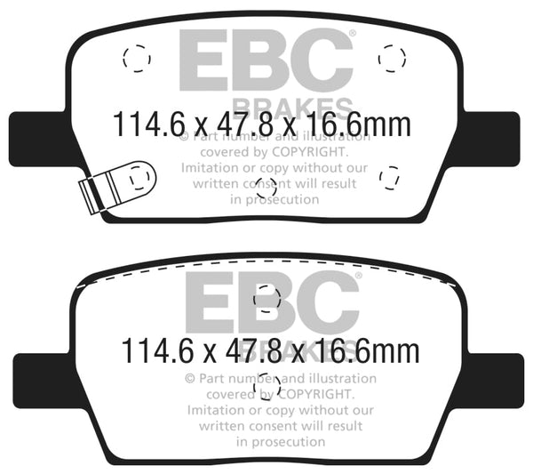 EBC 2018+ Chevrolet Traverse 2.0L Turbo Greenstuff Rear Brake Pads - DP63064 for 2017-2022 GMC Acadia - front view