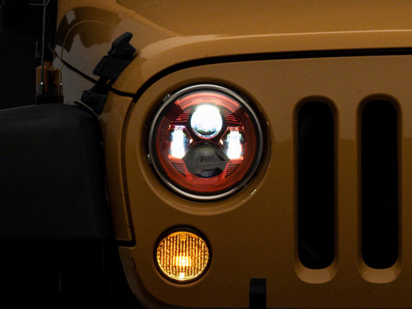 Raxiom 07-18 Jeep Wrangler JK 7-In LED Headlights- Red Housing- Clear Lens - J154701 for 2007-2018 Jeep Wrangler - front view