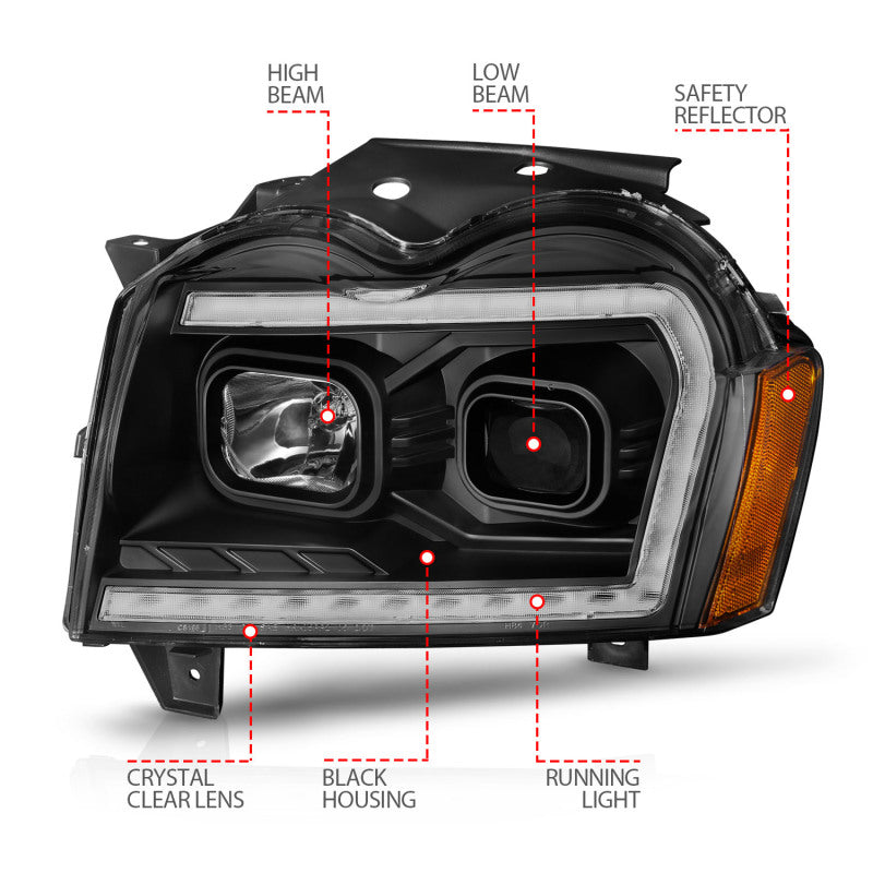 ANZO 2005-2007 Jeep Grand Cherokee Projector Headlights w/ Light Bar Switchback Black Housing - 111543