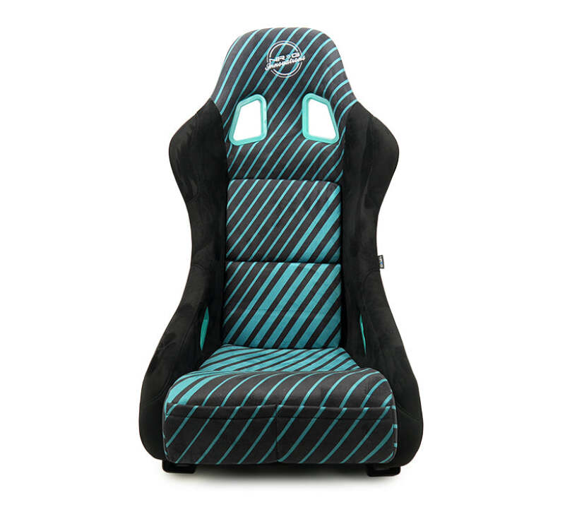 NRG FRP Bucket Seat - 20 Year Anniversary - Microfiber Black w/ Green Stripes & Arrow Design -Medium - FRP-303TWTY-BK - front view